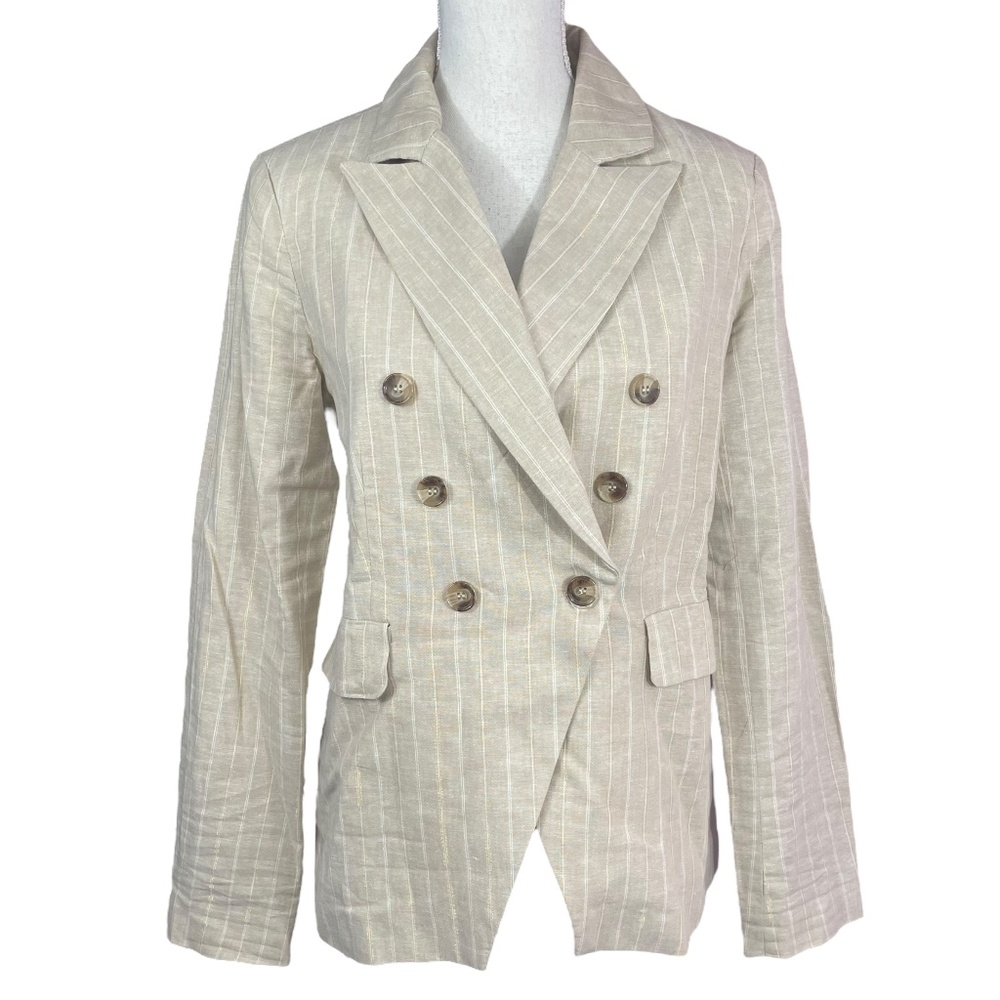Joie Linen Blend Pinstripe Blazer M Beige Metallic Gold Double Breasted Pockets